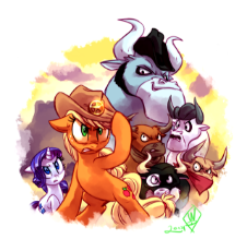 768743__safe_rarity_applejack_king+longhorn_jersey+shore+(character)_angus+mcsteer_doc+holstein_buffalo+bull_female_pony_mare_male_unicorn_earth+.png