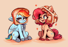 7142382__safe_artist-colon-polnocnykot_imported+from+derpibooru_pinkie+pie_rainbow+dash_earth+pony_pegasus_pony_blushing_bread_bread+head_b.jpg