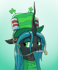 2573689__safe_queen+chrysalis_female_clothes_hat_changeling_shirt_holiday_changeling+queen_clover_four+leaf+clover_saint+patr.png
