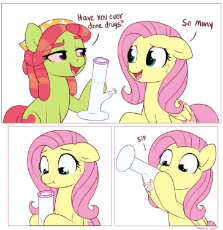1849358__safe_fluttershy_tree+hugger_female_pony_mare_simple+background_pegasus_earth+pony_comic_white+background_duo_ponified_silly_silly+pony_drugs.png