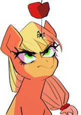 1339925__safe_applejack_solo_simple+background_white+background_food_angry_apple_looking+up_missing+accessory_annoyed_hatless_spider_chromatic+aberra.jpeg