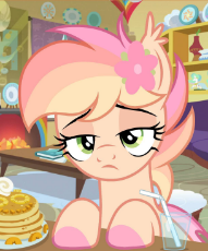 7020451__safe_artist-colon-cstrawberrymilk_imported+from+derpibooru_oc_oc-colon-peach+sunrise_bat+pony_pony_bored_cute_female_flower_flower+in+hair_food_hooves+.jpg