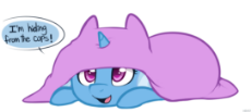 1398396__hiding from the cops safe_artist-colon-higgly-dash-chan_trixie_blanket_cute_dialogue_diatrixes_open+mouth_pony_prone_simple+background_solo_unicorn_white+backgroun.png