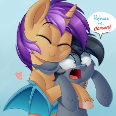 1755204__safe_female_pony_oc_oc+only_simple+background_male_unicorn_shipping_blushing_cute_straight_eyes+closed_dialogue_bat+pony_heart_chest+fluff_h.png