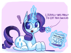 7513357__safe_artist-colon-stephaniethecrepe_imported+from+derpibooru_rarity_pony_unicorn_arrow_exclamation+point_food_horn_magic_marshmallow_passepartout_solo_.png
