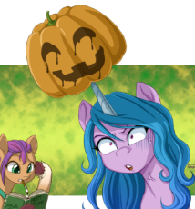 6296622__safe_artist-colon-uotapo_imported+from+derpibooru_izzy+moonbow_sunny+starscout_earth+pony_pony_unicorn_book_brush_female_g5_halloween_holiday_horn_horn.png