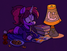 3121078__safe_pony_solo_oc_oc+only_clothes_simple+background_unicorn_commission_food_lying+down_prone_reading_purple+background_lamp_crossed+hoov.jpg
