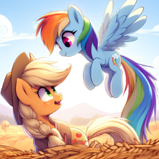 6826378__safe_imported+from+derpibooru_applejack_rainbow+dash_earth+pony_pegasus_pony_ai+content_ai+generated_female_field_flying_food_generator-.jpg