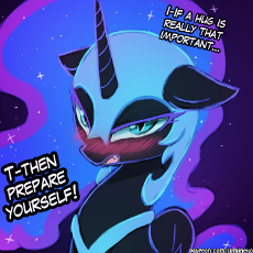 2158105__safe_artist-colon-lumineko_nightmaremoon_alicorn_pony_armor_blushing_cute_dialogue_fangs_female_horn_imminenthugs_lookingatyou_mare_moonabetes_open.jpg
