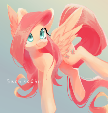 1874385__safe_artist-colon-sachikochii_fluttershy_female_gradient background_head turn_looking away_mare_pegasus_pony_smiling_solo_spread wings_wings.png