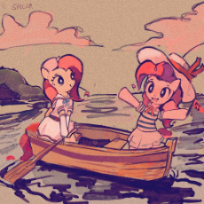 7346173__safe_artist-colon-solid+shrimp_imported+from+derpibooru_fluttershy_pinkie+pie_earth+pony_pegasus_pony_bipedal_boat_clothes_duo_fema.jpg