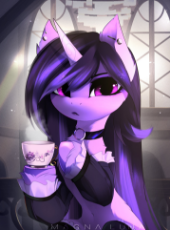 2937944__safe_artist-colon-magnaluna_izzy+moonbow_pony_unicorn_g5_belly+button_clothes_collar_cup_female_goth_goth+izzy_high+res_looking+at+you_mare_sitting_sol.jpg