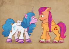 2815357__safe_rarity_applejack_izzy+moonbow_sunny+starscout_female_pony_clothes_simple+background_unicorn_earth+pony_smiling_blushing_cute.jpg