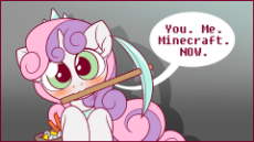 1120621__safe_artist-colon-symbianl_sweetie belle_bronybait_cute_dialogue_diamond pickaxe_diasweetes_looking at you_minecraft_mouth hold_solo_symbianl .png