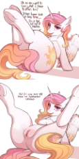 1381629__explicit_artist-colon-evehly_edit_princess celestia_alicorn_alternate design_bedroom eyes_blushing_chest fluff_colored wings_cutie mark_dialog.png