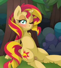 1340435__explicit_artist-colon-pearlyiridescence_sunset shimmer_anatomically correct_bedroom eyes_blushing_clitoris_dark genitals_female_forest_grass_l.png