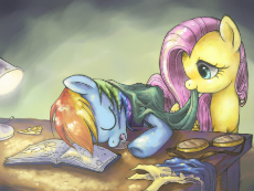 7297606__safe_artist-colon-flutterdashwhore_imported+from+derpibooru_fluttershy_rainbow+dash_pegasus_pony_blanket_book_clothes_drool_d.png
