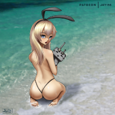 70_Shimakaze_Jay156_Beach_Water_Bikini_Ass_Feet_Anime_girl_looking back_cute_turret_robot_Kantai Collection_Thong_back.png
